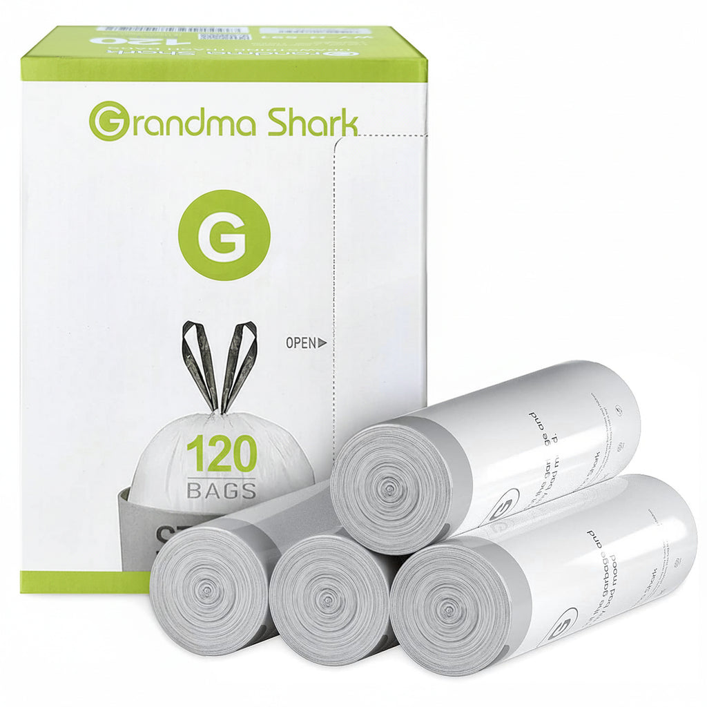 GRANDMA SHARK 30L - 35L Bin Bags 120 Liners Drawstring Trash Bag, Handle Waste Bags, Super Strong, Anti-drip Unscented, 46 × 71 cm