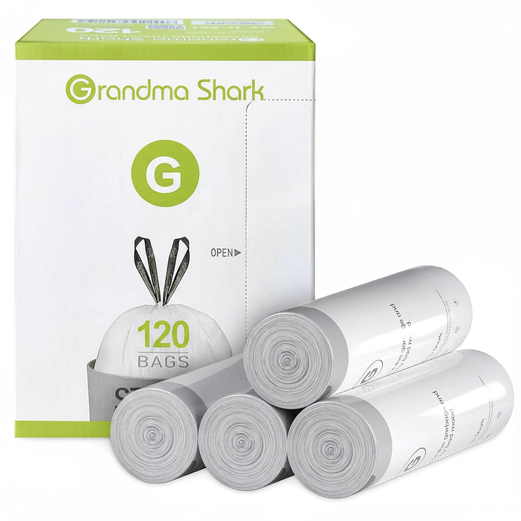 GRANDMA SHARK 30L - 35L Bin Bags 120 Liners Drawstring Trash Bag, Handle Waste Bags, Super Strong, Anti-drip Unscented, 46 × 71 cm