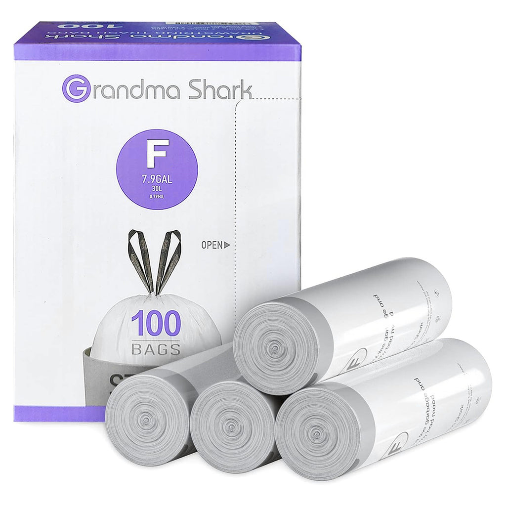 GRANDMA SHARK 30L - 35L Bin Bags 100 Liners Drawstring Trash Bag, Handle Waste Bags, Super Strong, Anti-drip Unscented, 64 × 58 cm