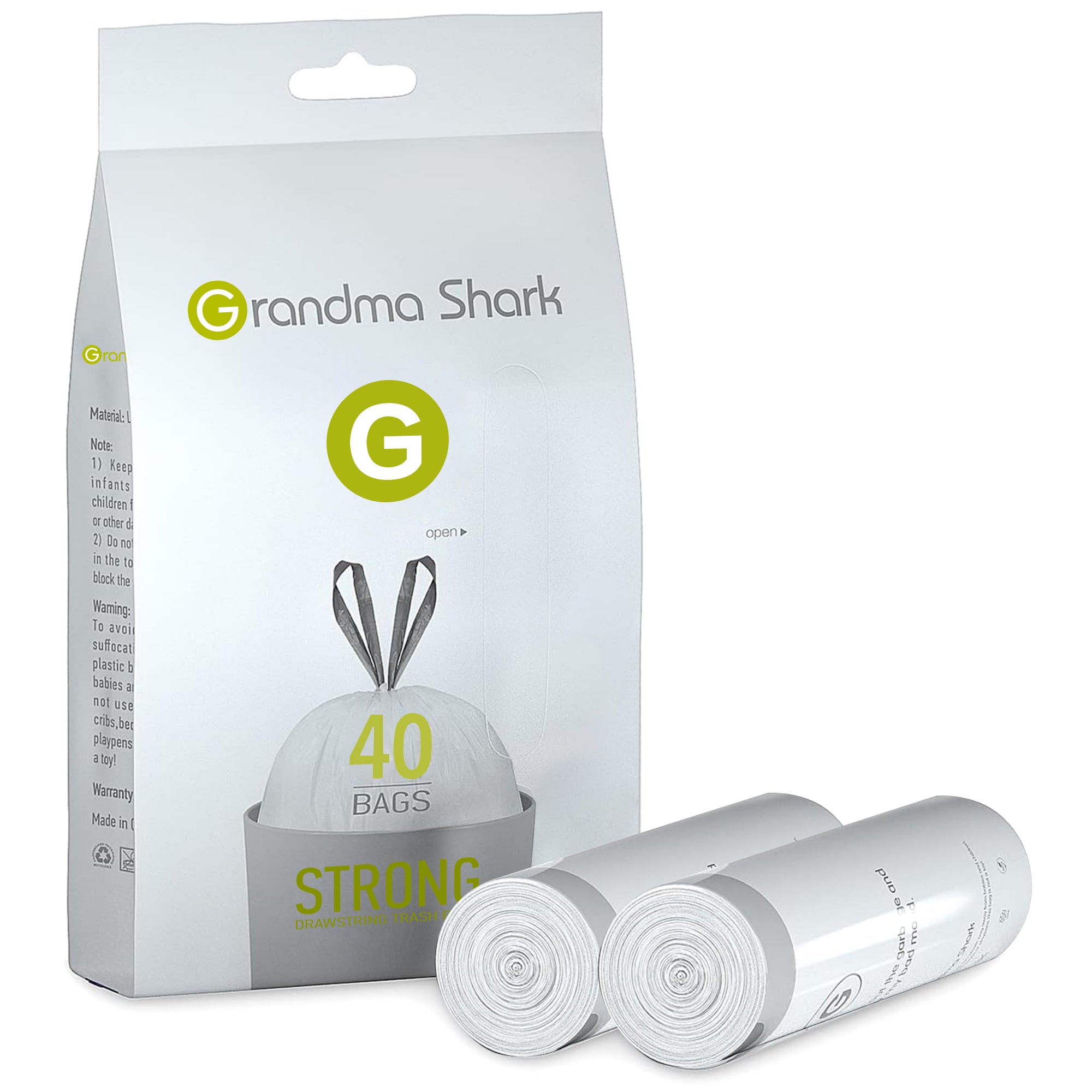 GRANDMA SHARK 30L - 35L Bin Bags 40 Liners Drawstring Trash Bag, Handle Waste Bags, Super Strong, Anti-drip Unscented, 46 × 71 cm