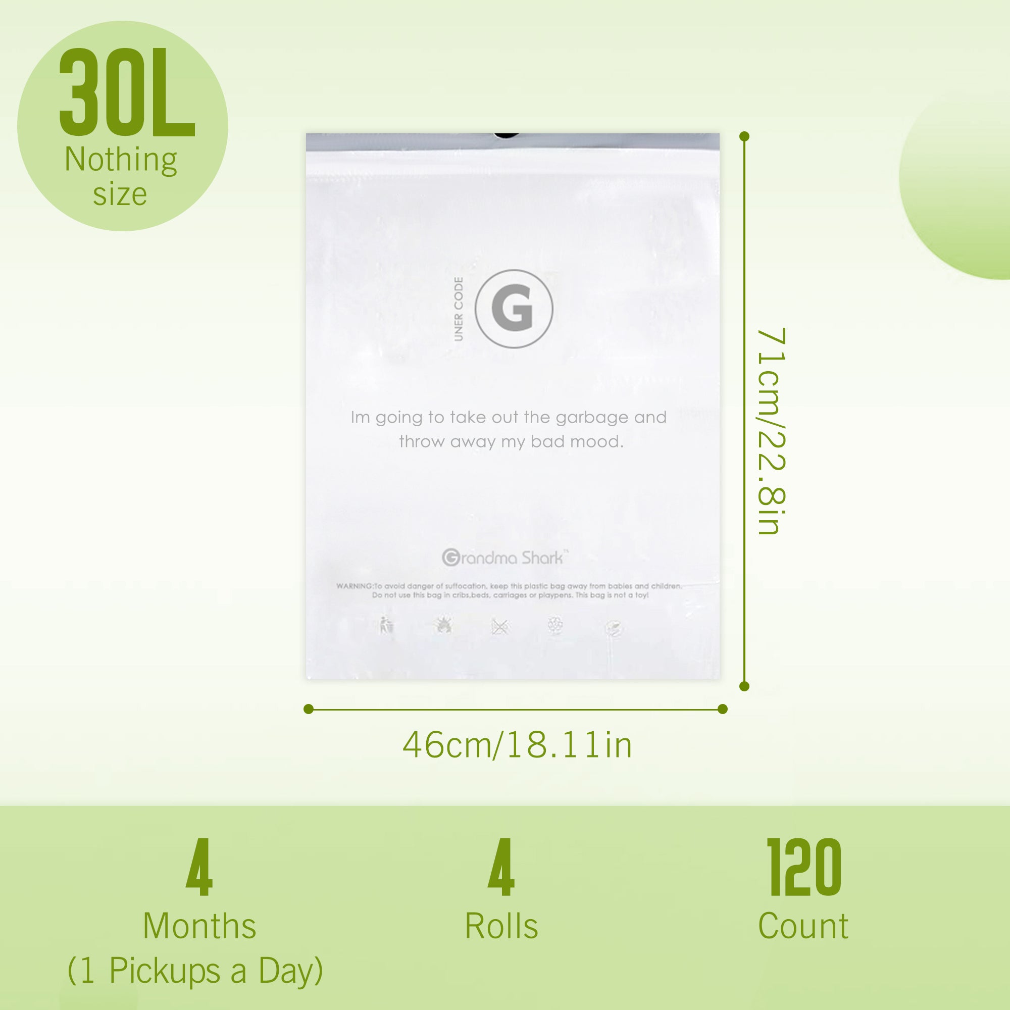 GRANDMA SHARK 30L - 35L Bin Bags 120 Liners Drawstring Trash Bag, Handle Waste Bags, Super Strong, Anti-drip Unscented, 46 × 71 cm