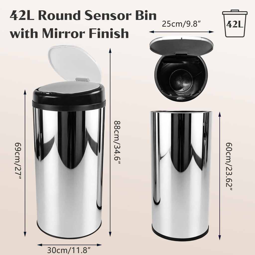 GRANDMA SHARK 42L Tall Kitchen Sensor Bin, Rubbish Trash Can, Open-Cover by Infrared-Sensor, Anti-Fingerprint Stainless Steel Bin (Mirror)