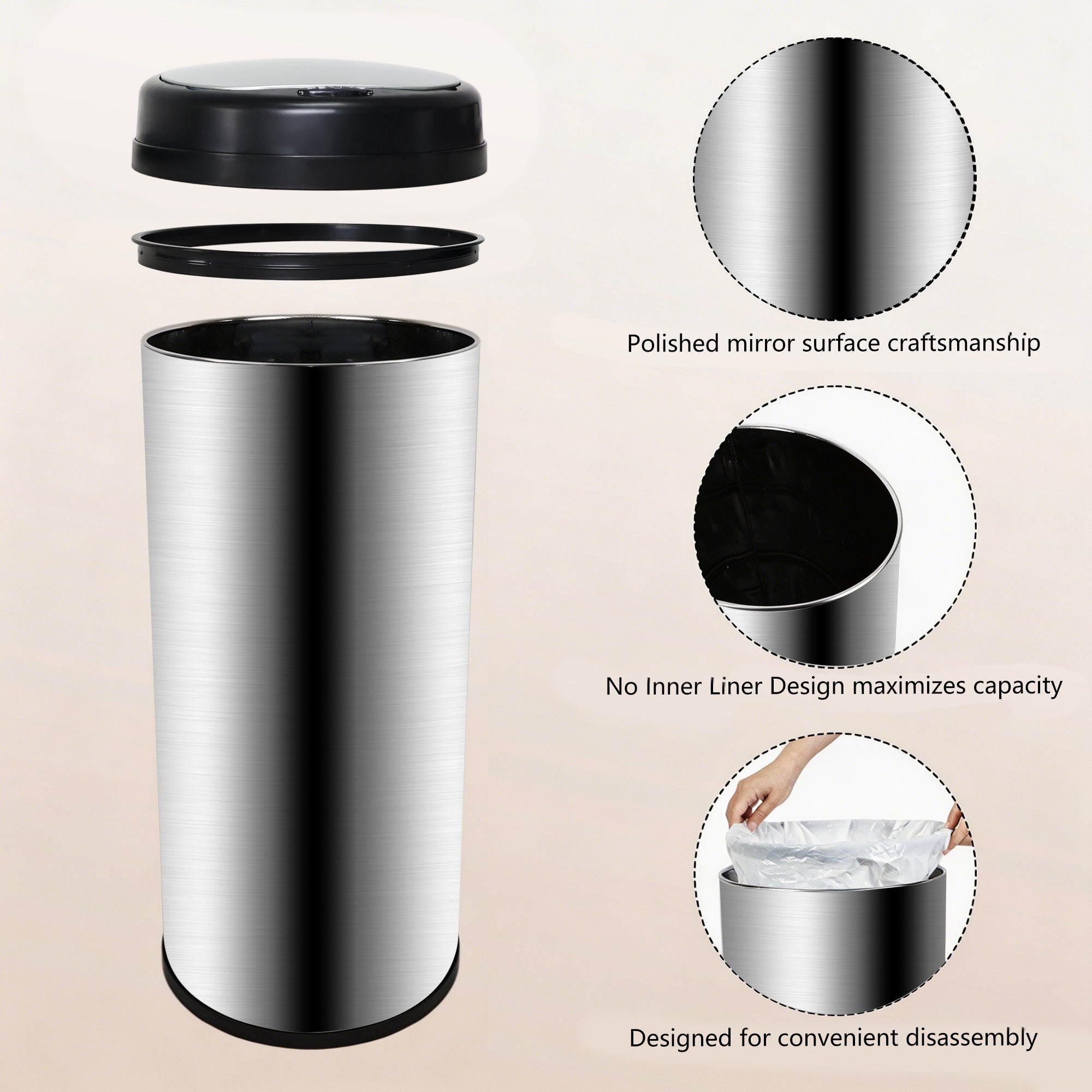 GRANDMA SHARK 42L Tall Kitchen Sensor Bin, Rubbish Trash Can, Open-Cover by Infrared-Sensor, Anti-Fingerprint Stainless Steel Bin