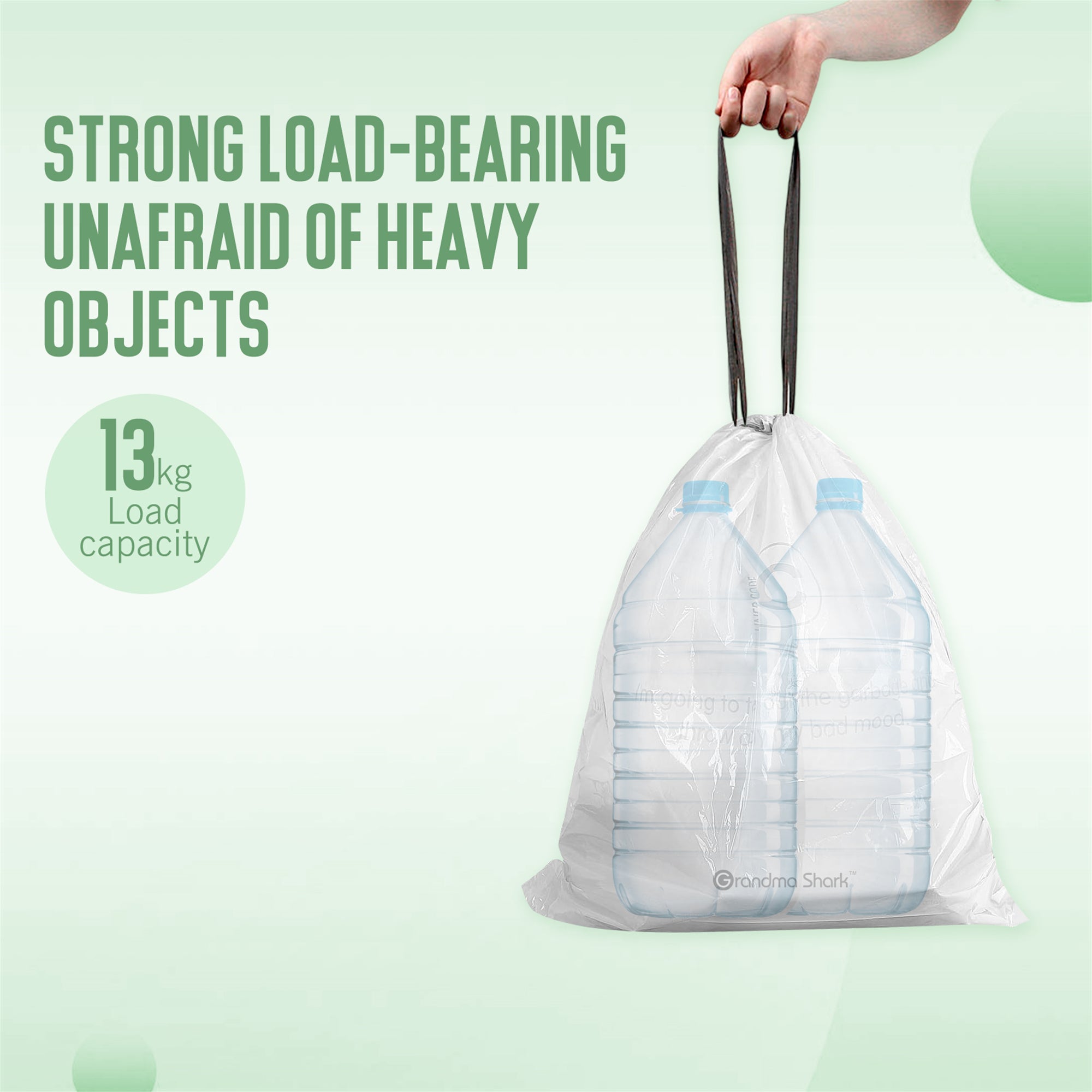 GRANDMA SHARK 10L - 15L Bin Bags 120 Liners Drawstring Trash Bag, Handle Waste Bags, Super Strong, Anti-drip Unscented, 47 × 54 cm