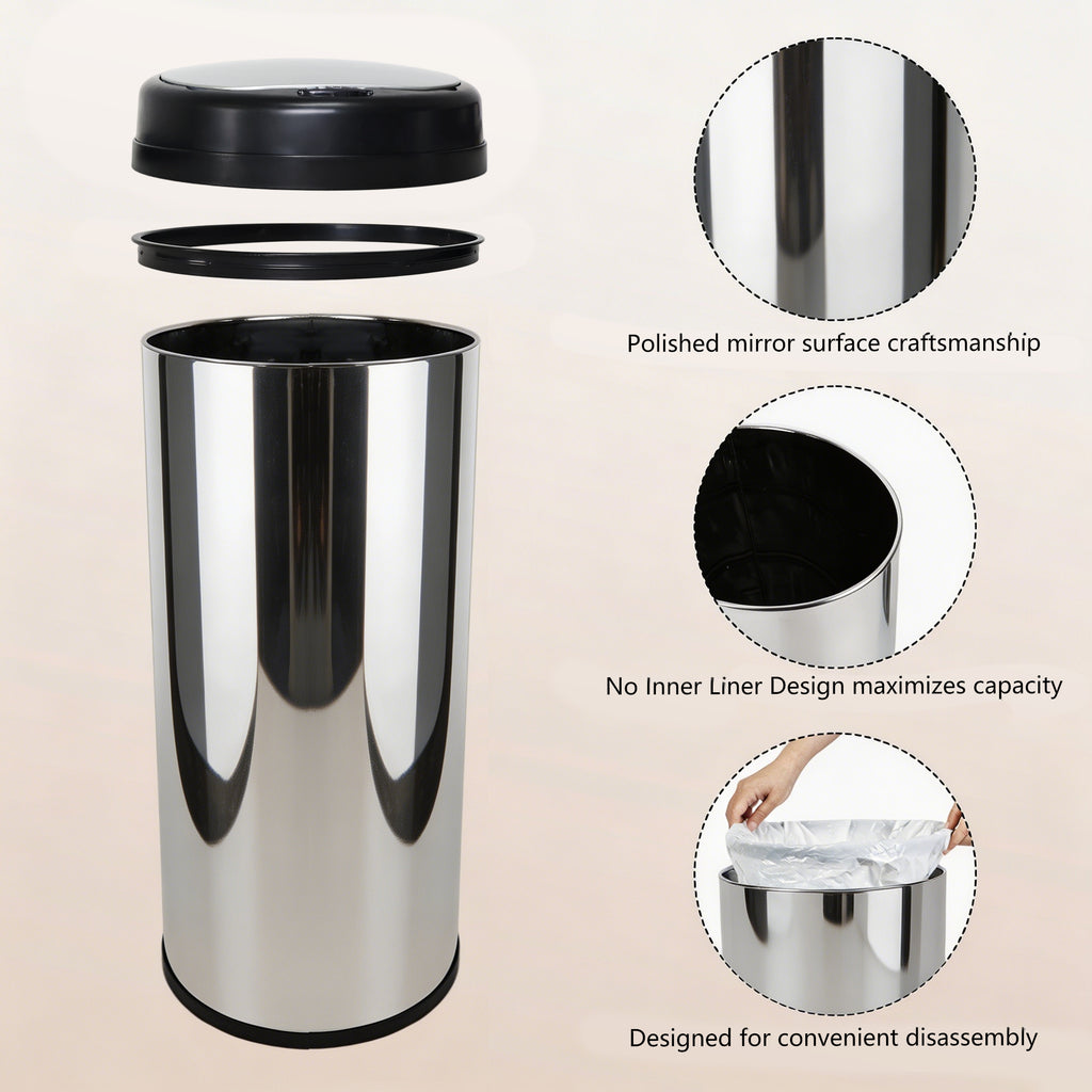 GRANDMA SHARK 42L Tall Kitchen Sensor Bin, Rubbish Trash Can, Open-Cover by Infrared-Sensor, Anti-Fingerprint Stainless Steel Bin (Mirror)