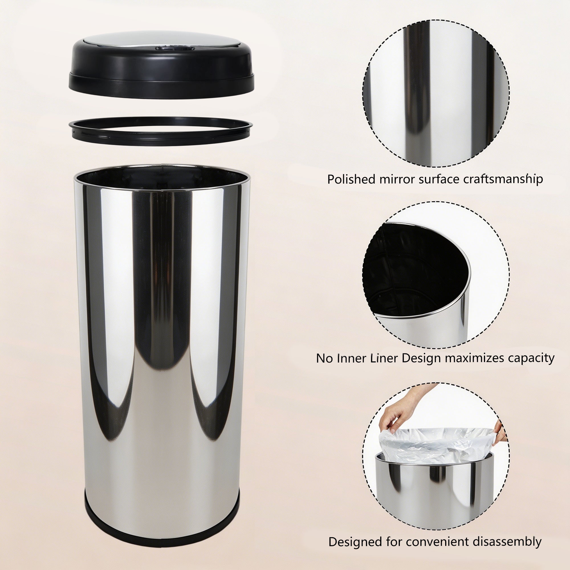 GRANDMA SHARK 42L Tall Kitchen Sensor Bin, Rubbish Trash Can, Open-Cover by Infrared-Sensor, Anti-Fingerprint Stainless Steel Bin (Mirror)