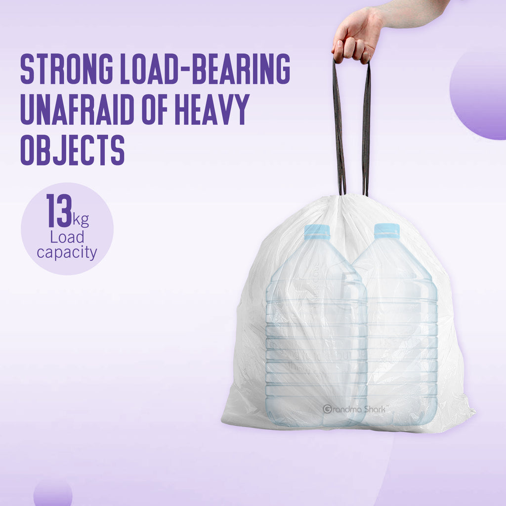 GRANDMA SHARK 30L - 35L Bin Bags 60 Liners Drawstring Trash Bag, Handle Waste Bags, Super Strong, Anti-drip Unscented, 64 × 58 cm