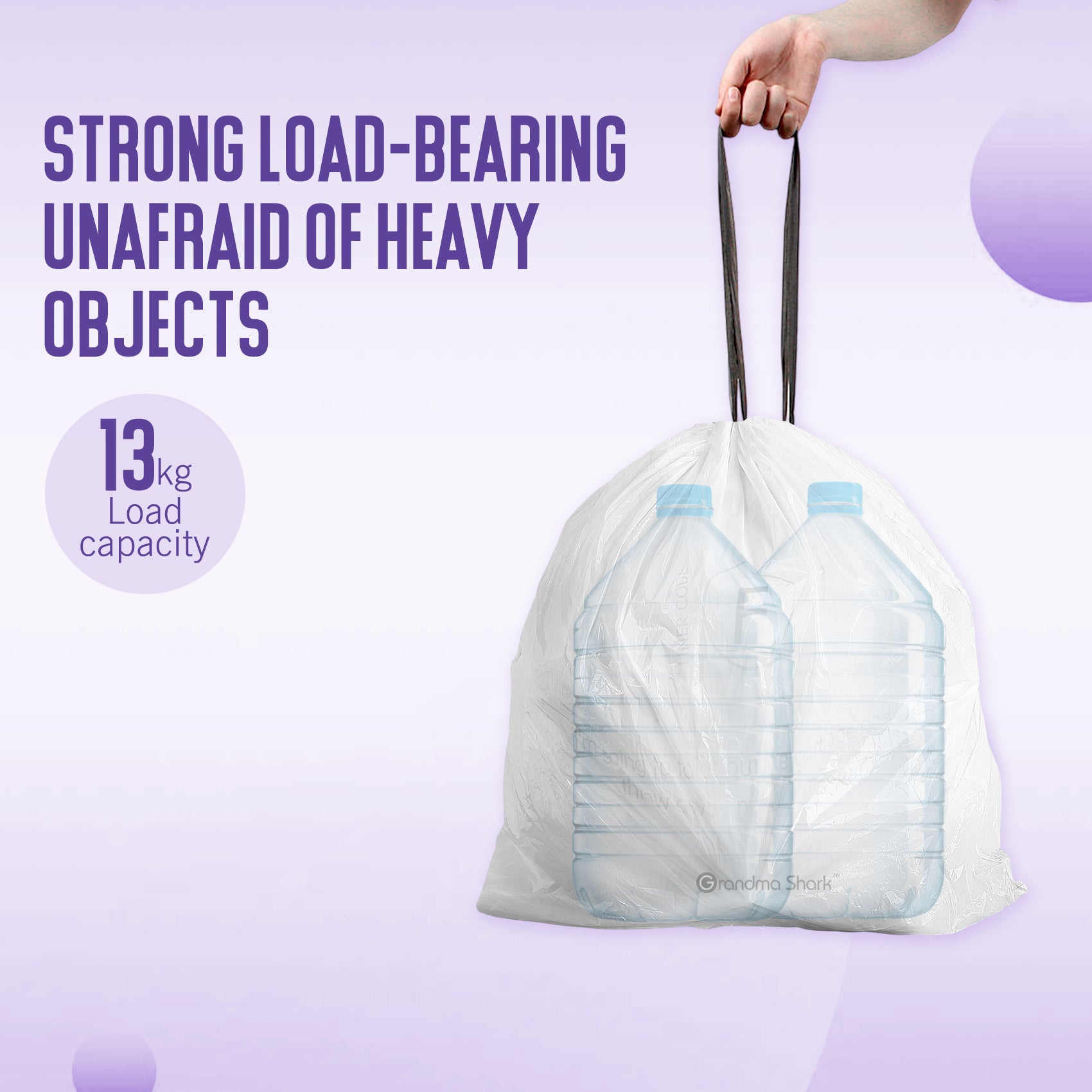 GRANDMA SHARK 30L - 35L Bin Bags 60 Liners Drawstring Trash Bag, Handle Waste Bags, Super Strong, Anti-drip Unscented, 64 × 58 cm