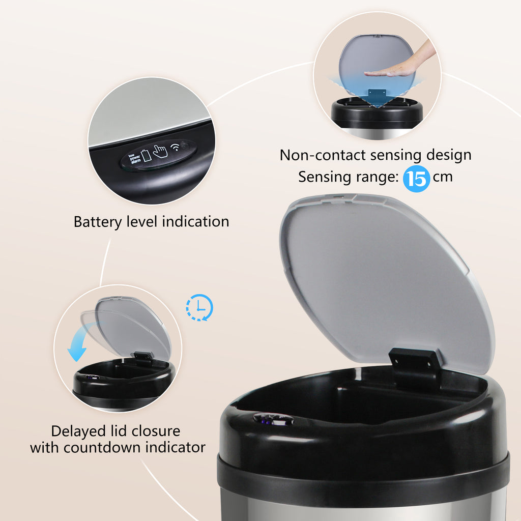 GRANDMA SHARK 42L Tall Kitchen Sensor Bin, Rubbish Trash Can, Open-Cover by Infrared-Sensor, Anti-Fingerprint Stainless Steel Bin (Mirror)