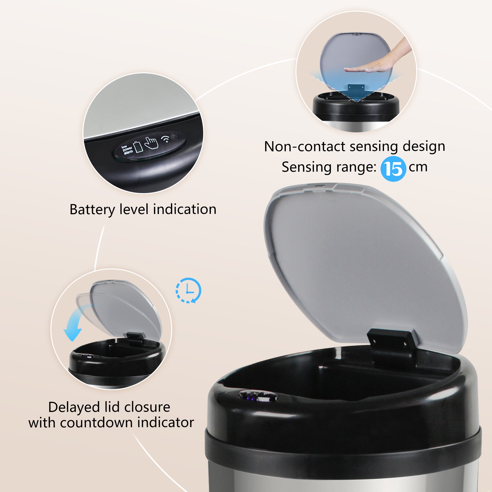 GRANDMA SHARK 42L Tall Kitchen Sensor Bin, Rubbish Trash Can, Open-Cover by Infrared-Sensor, Anti-Fingerprint Stainless Steel Bin (Mirror)