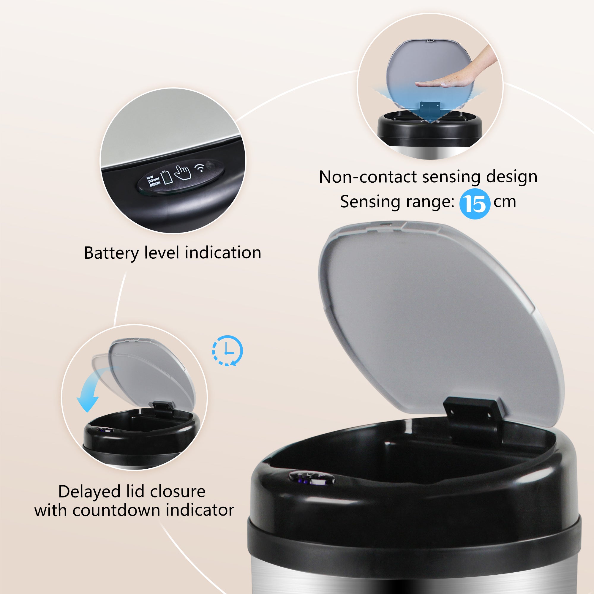 GRANDMA SHARK 42L Tall Kitchen Sensor Bin, Rubbish Trash Can, Open-Cover by Infrared-Sensor, Anti-Fingerprint Stainless Steel Bin