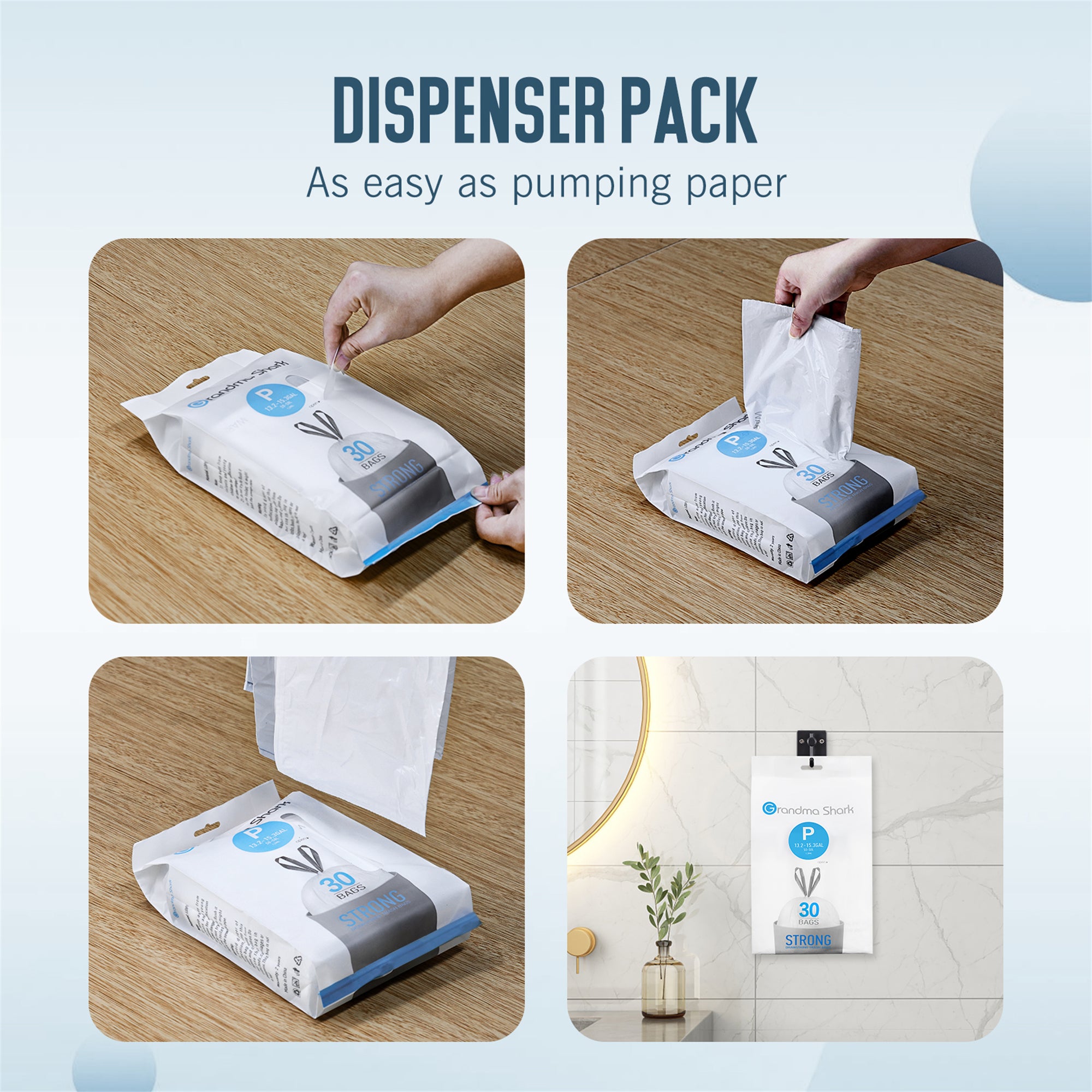 GRANDMA SHARK 50-58L UP TO 65L Bin Bags 90 Liners Drawstring Trash Bag, Handle Waste Bags, Super Strong, Anti-drip Unscented, 70 × 77 cm
