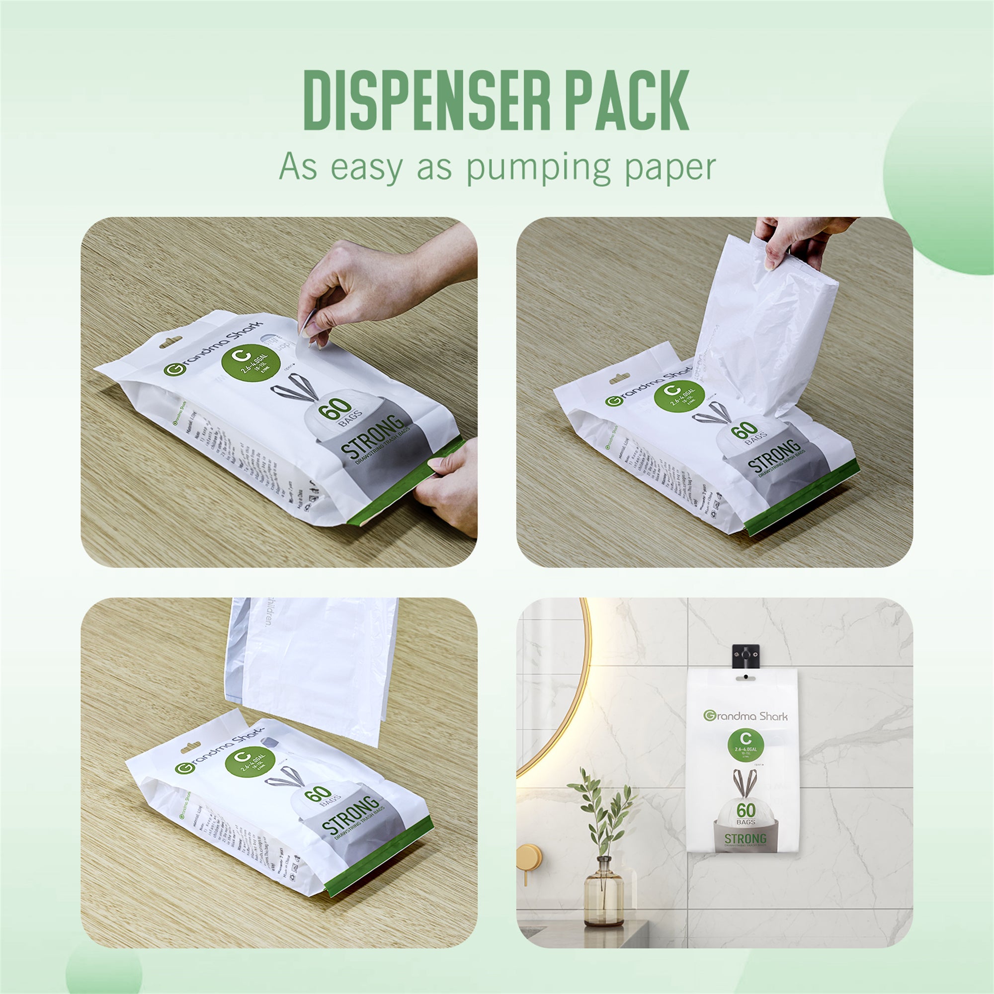 GRANDMA SHARK 10L - 15L Bin Bags 60 Liners Drawstring Trash Bag, Handle Waste Bags, Super Strong, Anti-drip Unscented, 47 × 54 cm