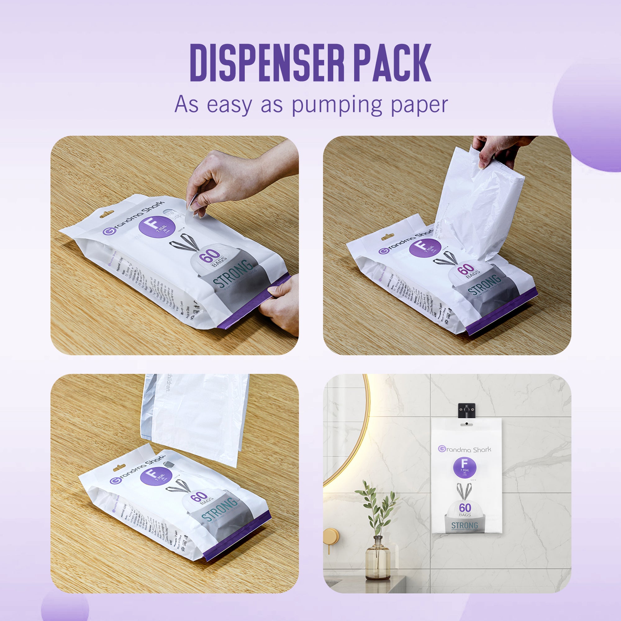 GRANDMA SHARK 30L - 35L Bin Bags 60 Liners Drawstring Trash Bag, Handle Waste Bags, Super Strong, Anti-drip Unscented, 64 × 58 cm