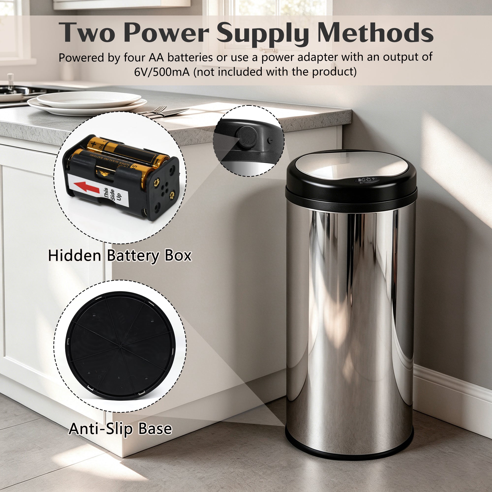 GRANDMA SHARK 42L Tall Kitchen Sensor Bin, Rubbish Trash Can, Open-Cover by Infrared-Sensor, Anti-Fingerprint Stainless Steel Bin (Mirror)