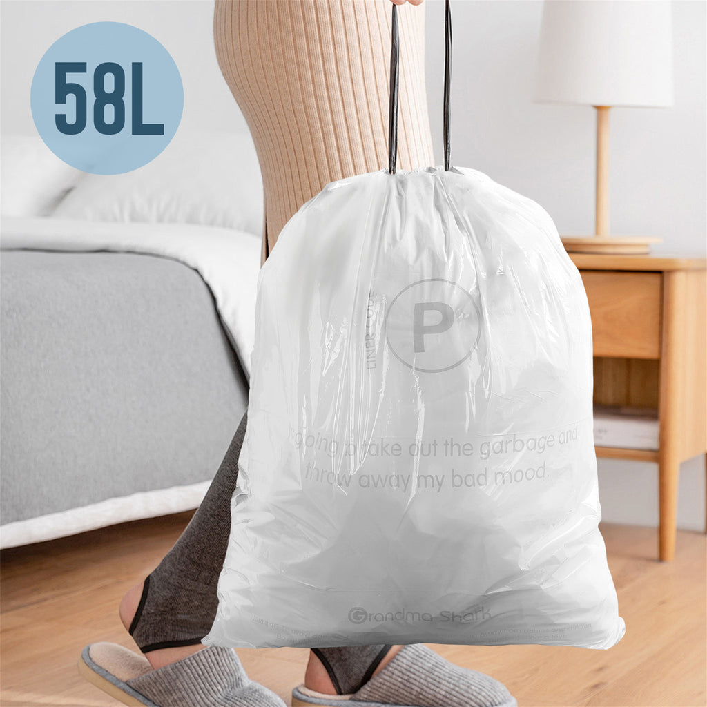GRANDMA SHARK 50-58L UP TO 65L Bin Bags 90 Liners Drawstring Trash Bag, Handle Waste Bags, Super Strong, Anti-drip Unscented, 70 × 77 cm
