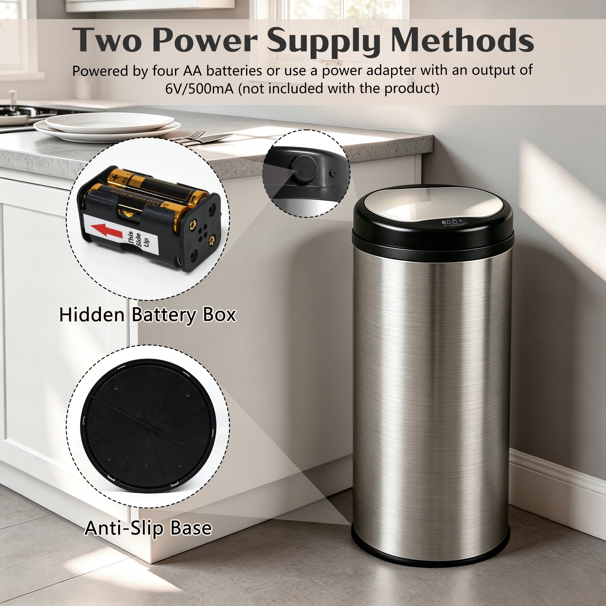 GRANDMA SHARK 42L Tall Kitchen Sensor Bin, Rubbish Trash Can, Open-Cover by Infrared-Sensor, Anti-Fingerprint Stainless Steel Bin