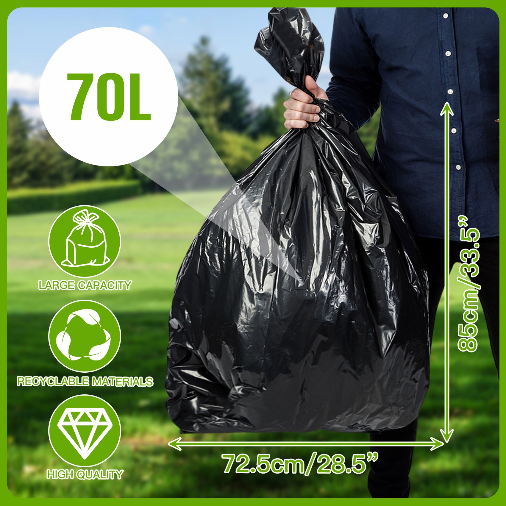 GRANDMA SHARK 40 Pack 70L Heavy Duty Bin Bags, Recycled Material Refuse Sacks, Strong 25 Micron Black Bin Bags, for Home & Commercial Waste Disposal, Durable & Leak-Proof
