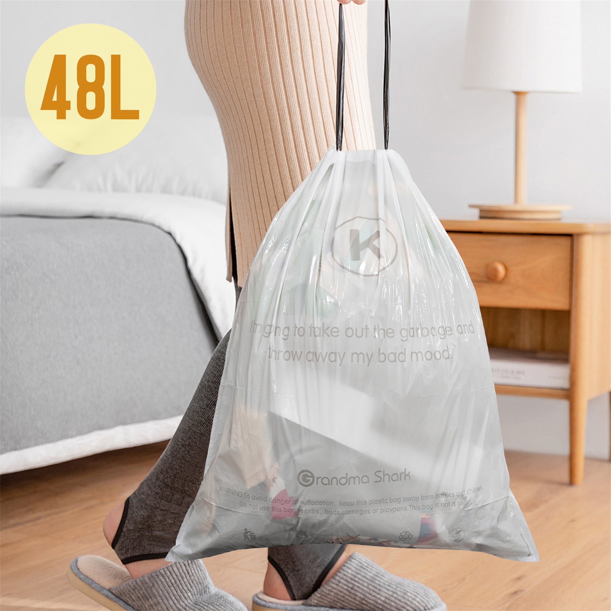 GRANDMA SHARK 38-48L UP TO 55L Bin Bags 90 Liners Drawstring Trash Bag, Handle Waste Bags, Super Strong, Anti-drip Unscented, 60 × 74 cm