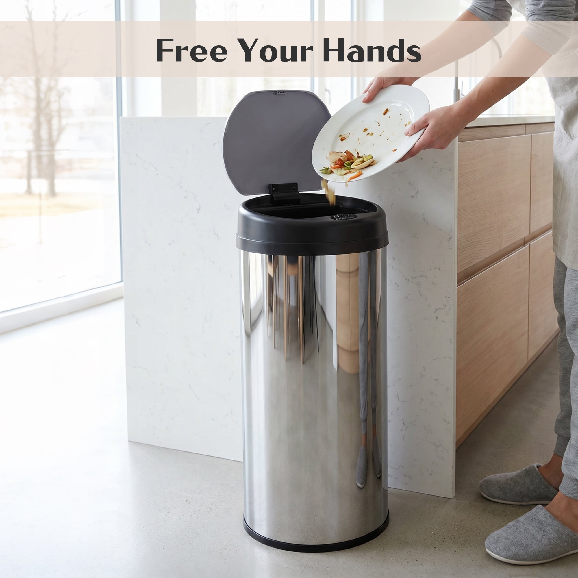 GRANDMA SHARK 42L Tall Kitchen Sensor Bin, Rubbish Trash Can, Open-Cover by Infrared-Sensor, Anti-Fingerprint Stainless Steel Bin (Mirror)