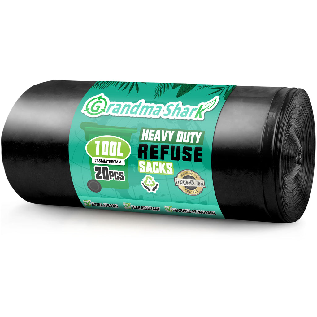 GRANDMA SHARK 20 Pack 100L Heavy Duty Bin Bags, Recycled Material Refuse Sacks, Strong 33 Micron Black Bin Bags, for Home & Commercial Waste Disposal, Durable & Leak-Proof