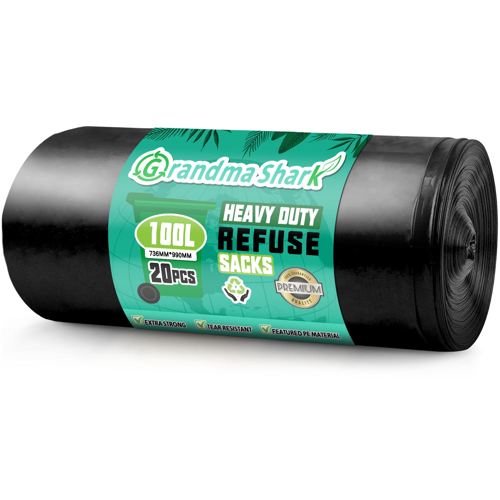 GRANDMA SHARK 20 Pack 100L Heavy Duty Bin Bags, Recycled Material Refuse Sacks, Strong 33 Micron Black Bin Bags, for Home & Commercial Waste Disposal, Durable & Leak-Proof