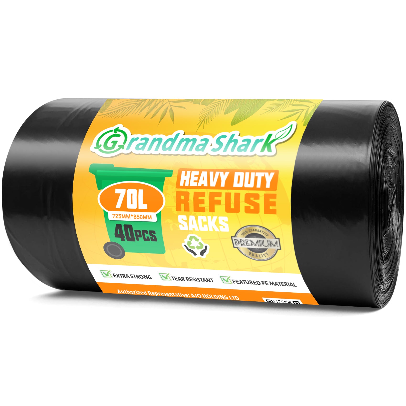 GRANDMA SHARK 40 Pack 70L Heavy Duty Bin Bags, Recycled Material Refuse Sacks, Strong 25 Micron Black Bin Bags, for Home & Commercial Waste Disposal, Durable & Leak-Proof