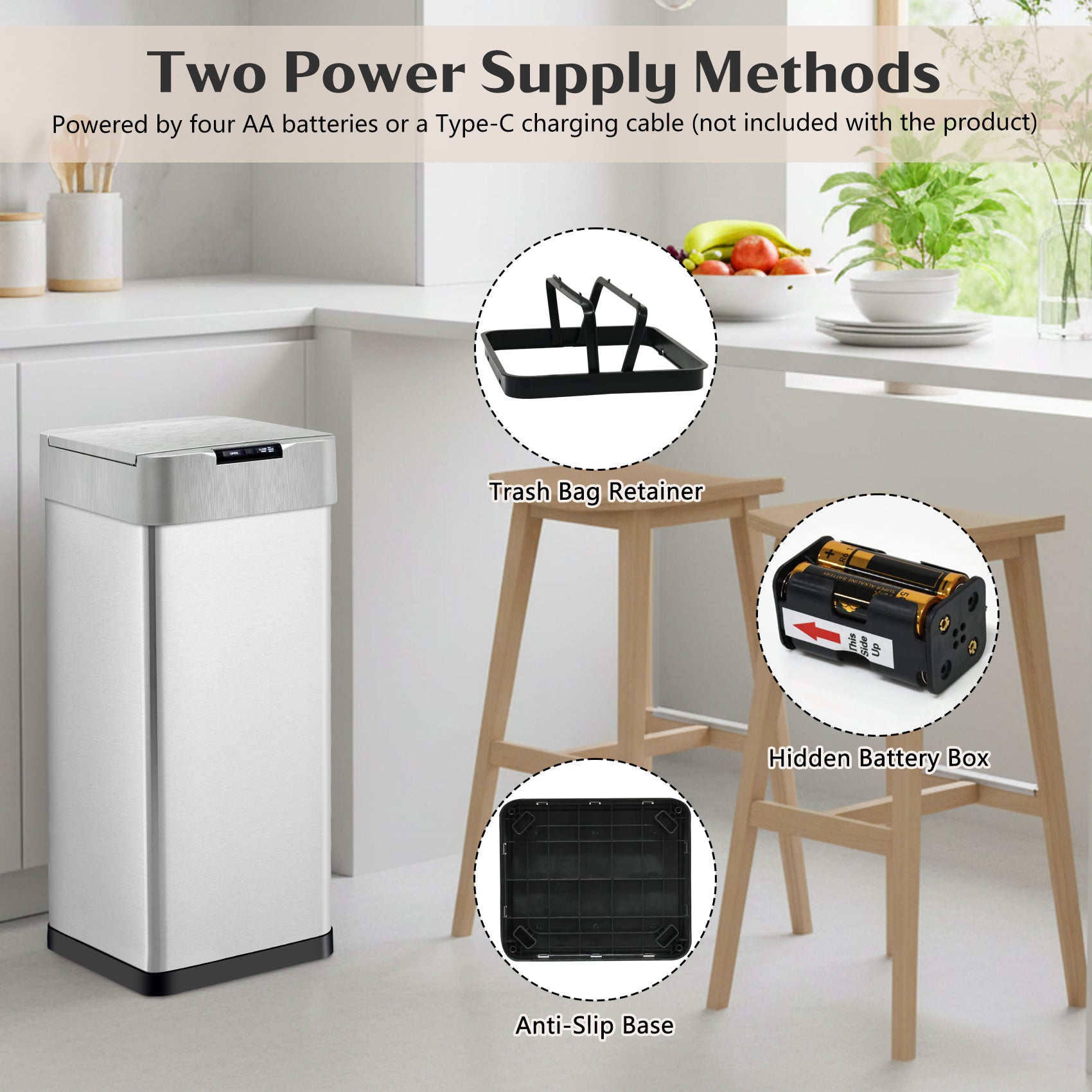 GRANDMA SHARK 50L Automatic Sensor Bin, Stainless Steel Touchless Rubbish Bin with Adjustable Infrared Sensor, Waterproof Kitchen Waste Bin with Soft Close Lid, Battery or USB-C Powered, Silver