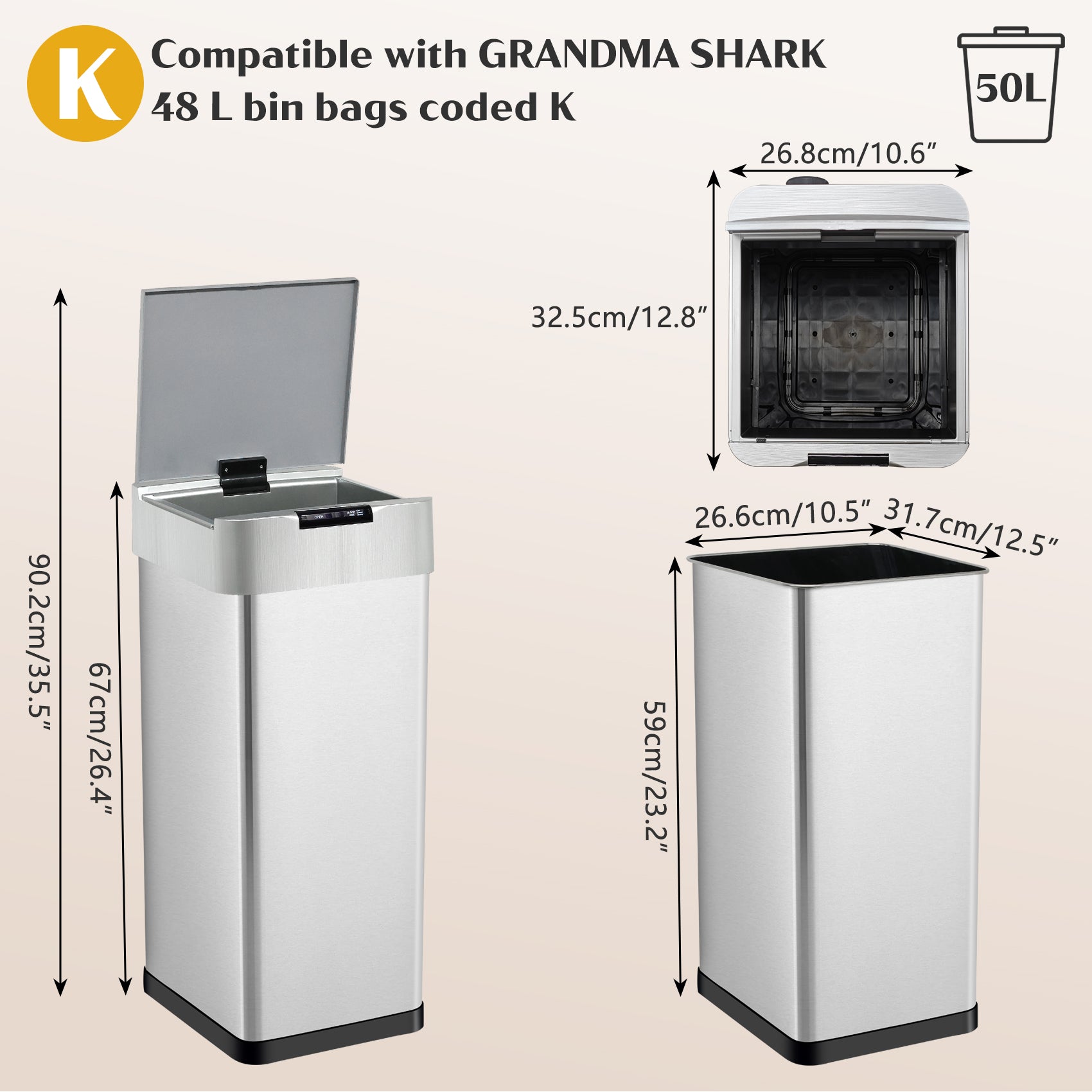 GRANDMA SHARK 50L Automatic Sensor Bin, Stainless Steel Touchless Rubbish Bin with Adjustable Infrared Sensor, Waterproof Kitchen Waste Bin with Soft Close Lid, Battery or USB-C Powered, Silver