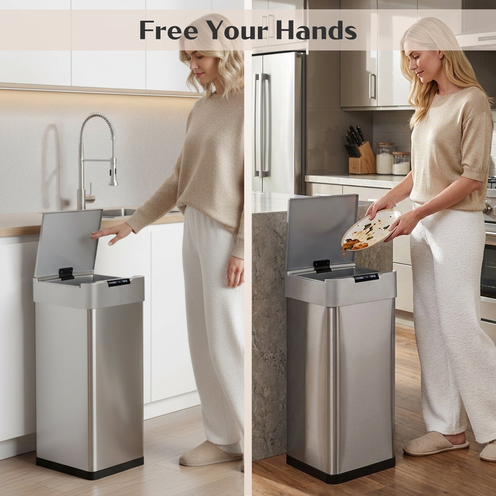 GRANDMA SHARK 50L Automatic Sensor Bin, Stainless Steel Touchless Rubbish Bin with Adjustable Infrared Sensor, Waterproof Kitchen Waste Bin with Soft Close Lid, Battery or USB-C Powered, Silver
