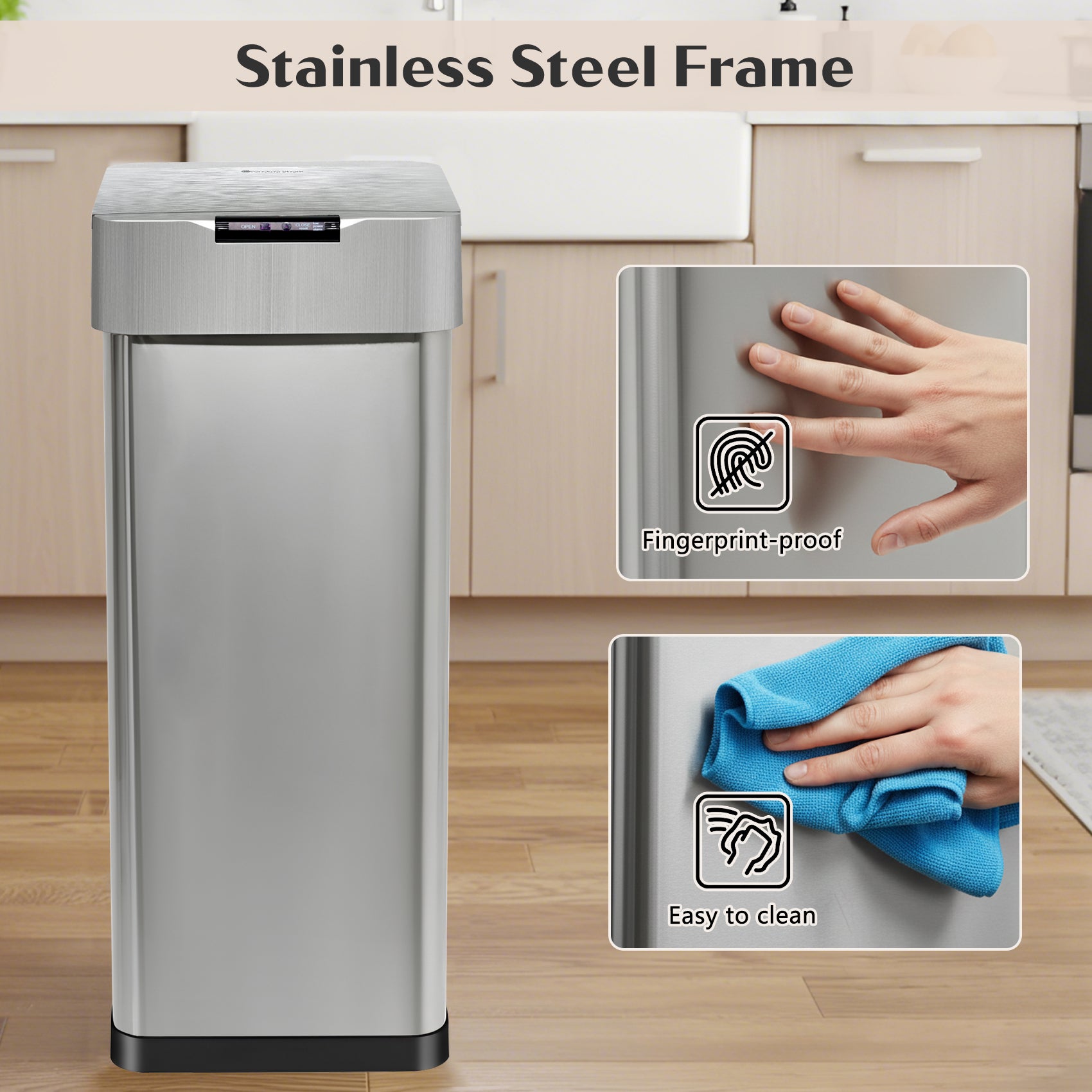 GRANDMA SHARK 50L Automatic Sensor Bin, Stainless Steel Touchless Rubbish Bin with Adjustable Infrared Sensor, Waterproof Kitchen Waste Bin with Soft Close Lid, Battery or USB-C Powered, Silver