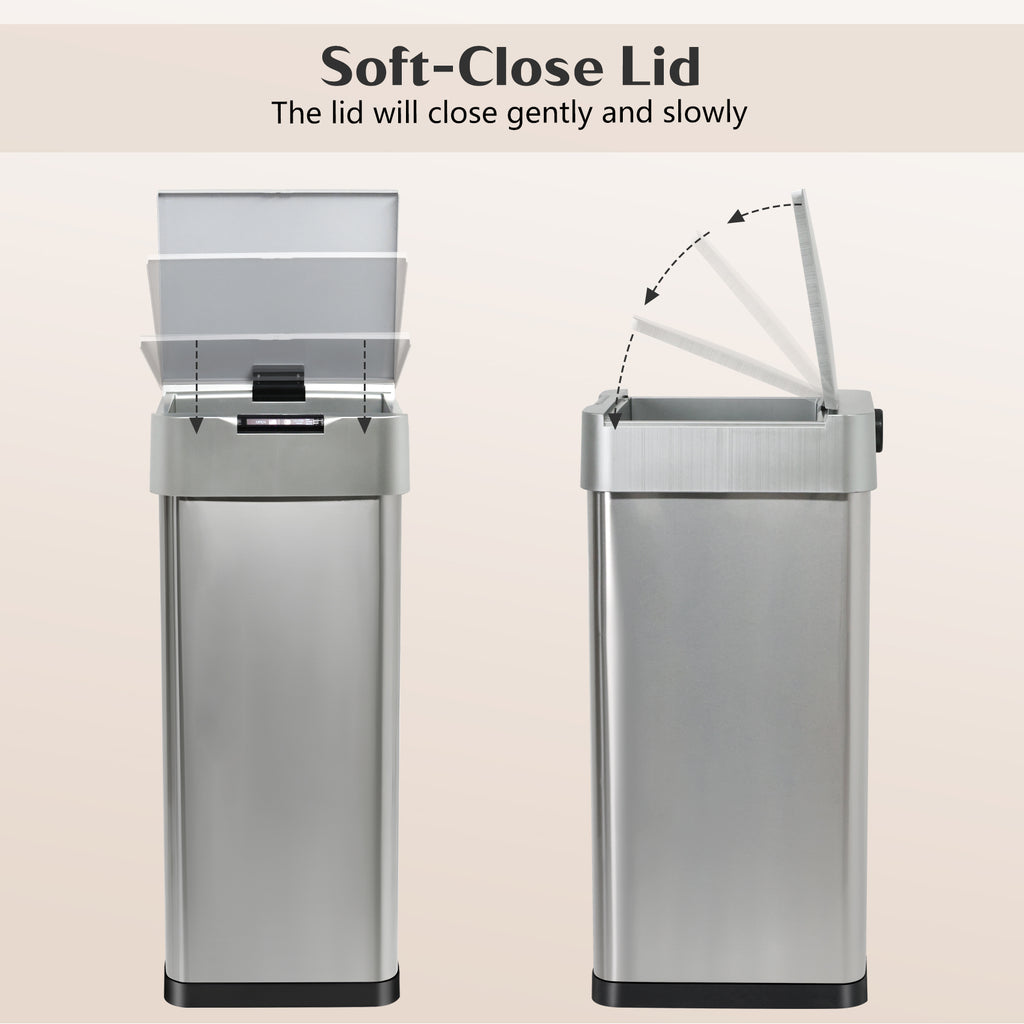 GRANDMA SHARK 50L Automatic Sensor Bin, Stainless Steel Touchless Rubbish Bin with Adjustable Infrared Sensor, Waterproof Kitchen Waste Bin with Soft Close Lid, Battery or USB-C Powered, Silver