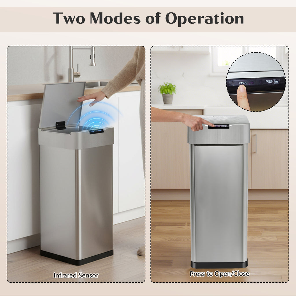 GRANDMA SHARK 50L Automatic Sensor Bin, Stainless Steel Touchless Rubbish Bin with Adjustable Infrared Sensor, Waterproof Kitchen Waste Bin with Soft Close Lid, Battery or USB-C Powered, Silver