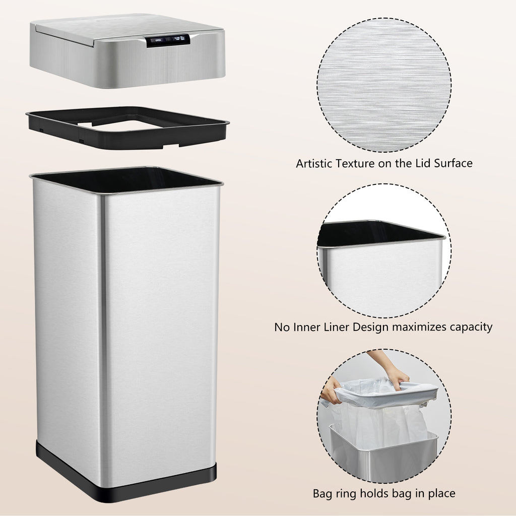 GRANDMA SHARK 50L Automatic Sensor Bin, Stainless Steel Touchless Rubbish Bin with Adjustable Infrared Sensor, Waterproof Kitchen Waste Bin with Soft Close Lid, Battery or USB-C Powered, Silver