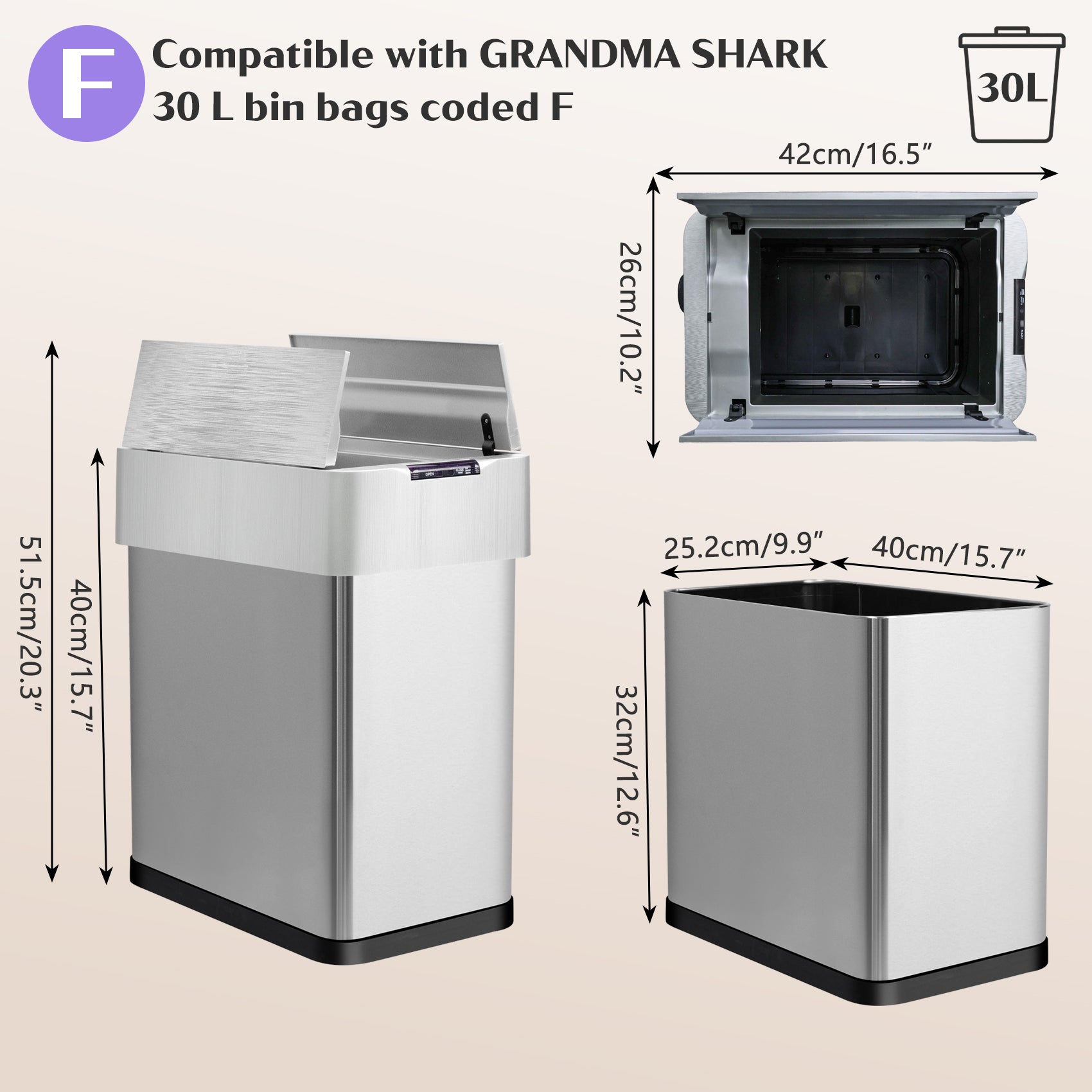 GRANDMA SHARK 30L Automatic Sensor Bin, Stainless Steel Touchless Rubbish Bin with Adjustable Infrared Sensor, Waterproof Kitchen Waste Bin with Soft Close Lid, Silver