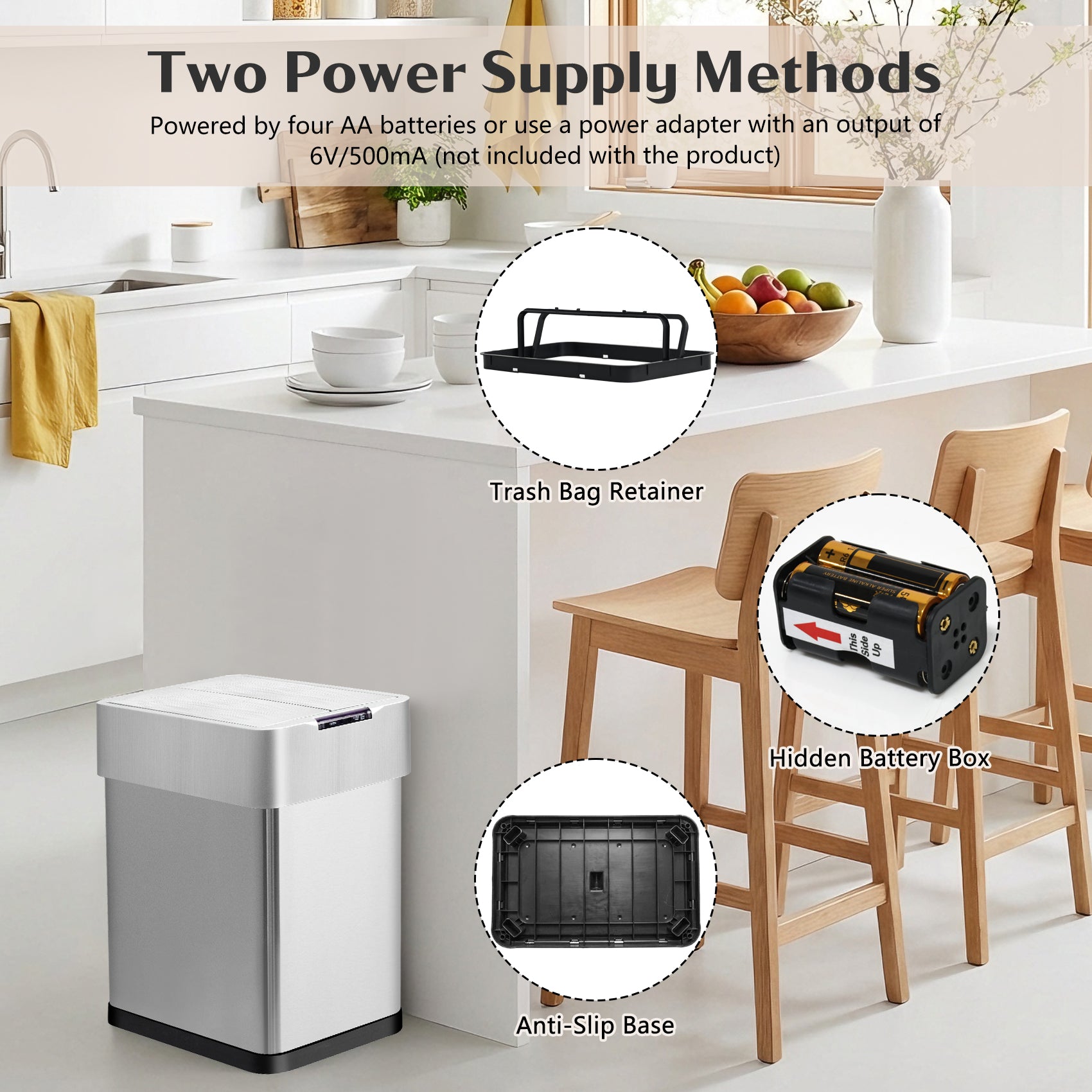 GRANDMA SHARK 30L Automatic Sensor Bin, Stainless Steel Touchless Rubbish Bin with Adjustable Infrared Sensor, Waterproof Kitchen Waste Bin with Soft Close Lid, Silver