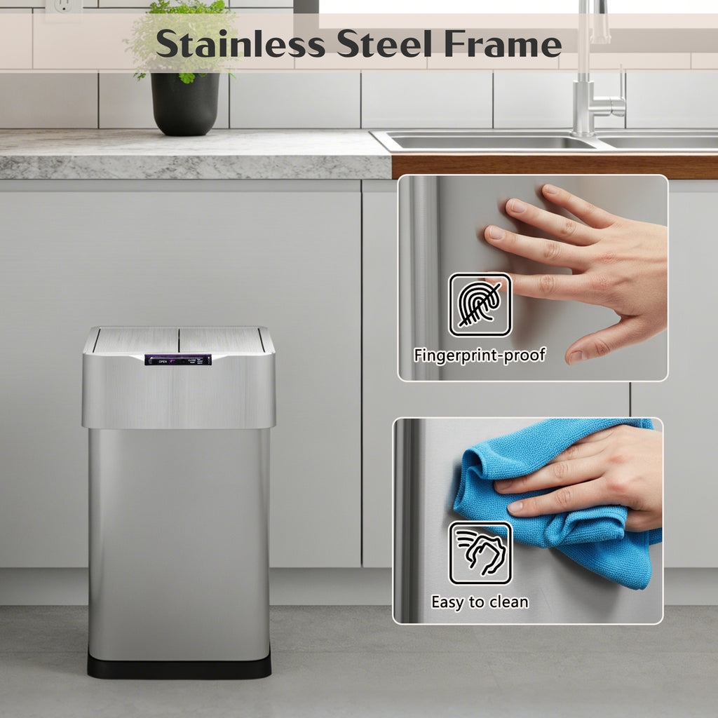 GRANDMA SHARK 30L Automatic Sensor Bin, Stainless Steel Touchless Rubbish Bin with Adjustable Infrared Sensor, Waterproof Kitchen Waste Bin with Soft Close Lid, Silver