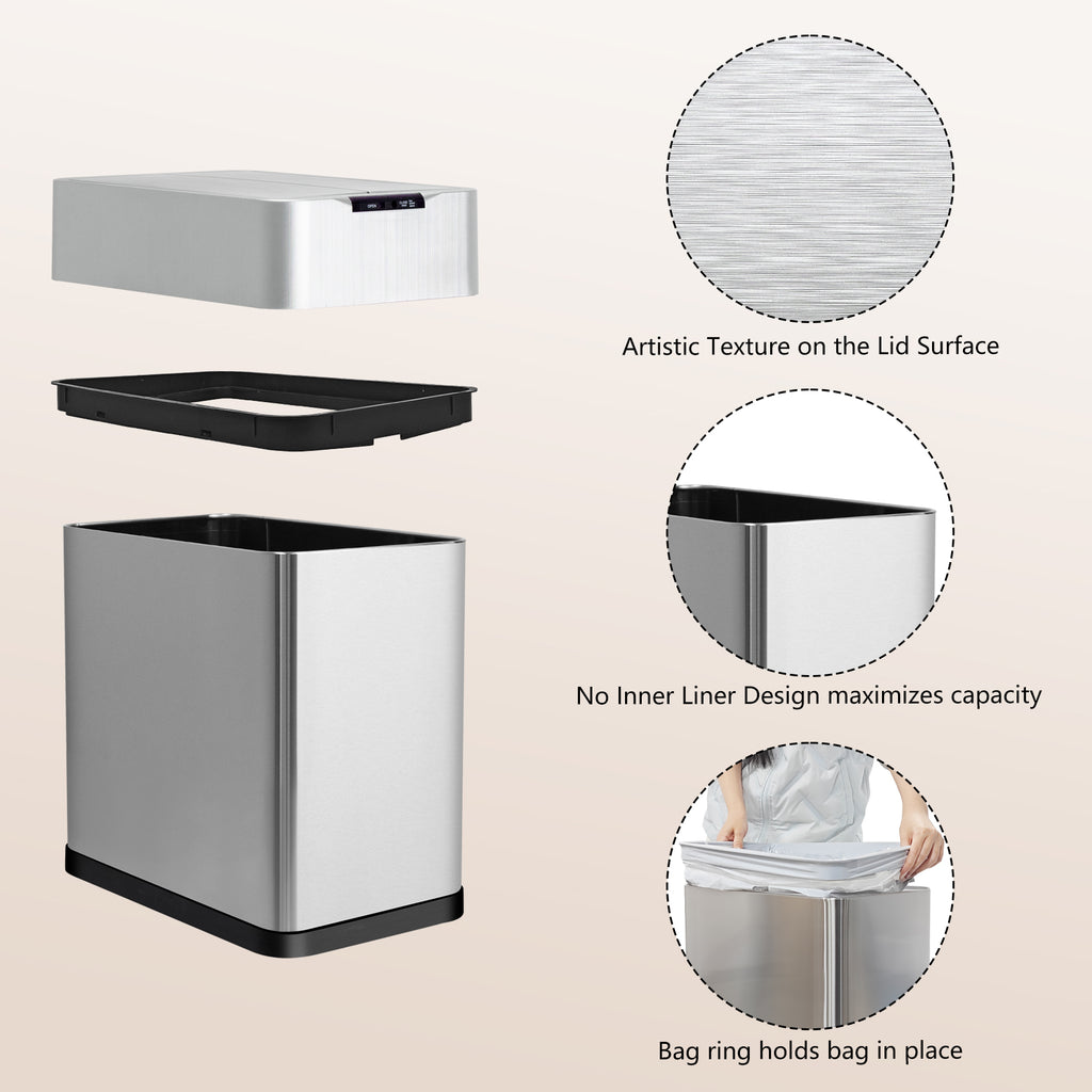 GRANDMA SHARK 30L Automatic Sensor Bin, Stainless Steel Touchless Rubbish Bin with Adjustable Infrared Sensor, Waterproof Kitchen Waste Bin with Soft Close Lid, Silver