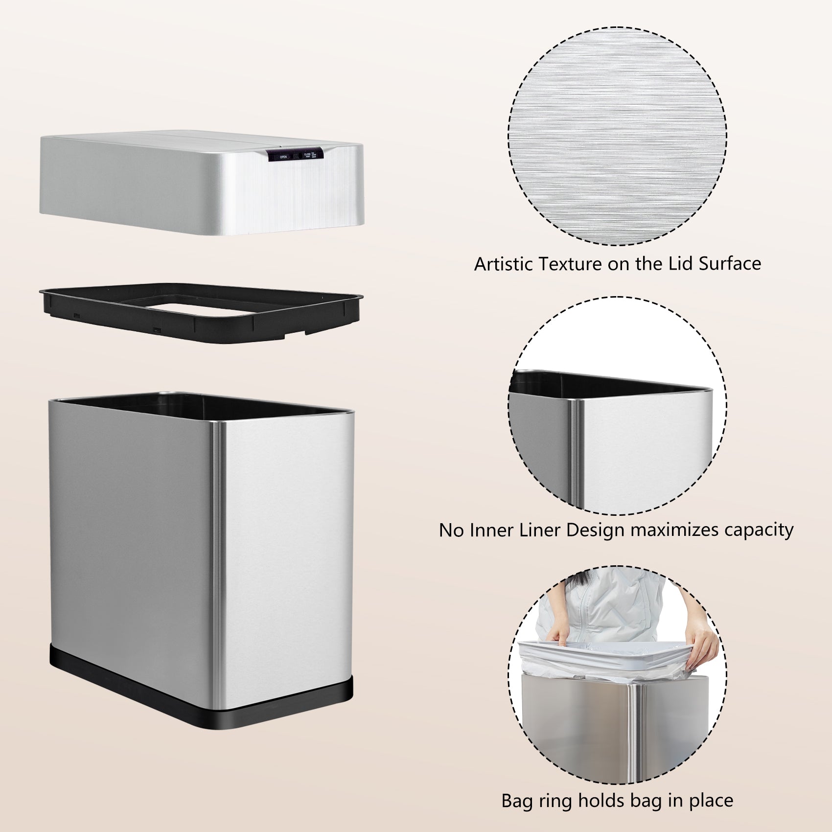GRANDMA SHARK 30L Automatic Sensor Bin, Stainless Steel Touchless Rubbish Bin with Adjustable Infrared Sensor, Waterproof Kitchen Waste Bin with Soft Close Lid, Silver