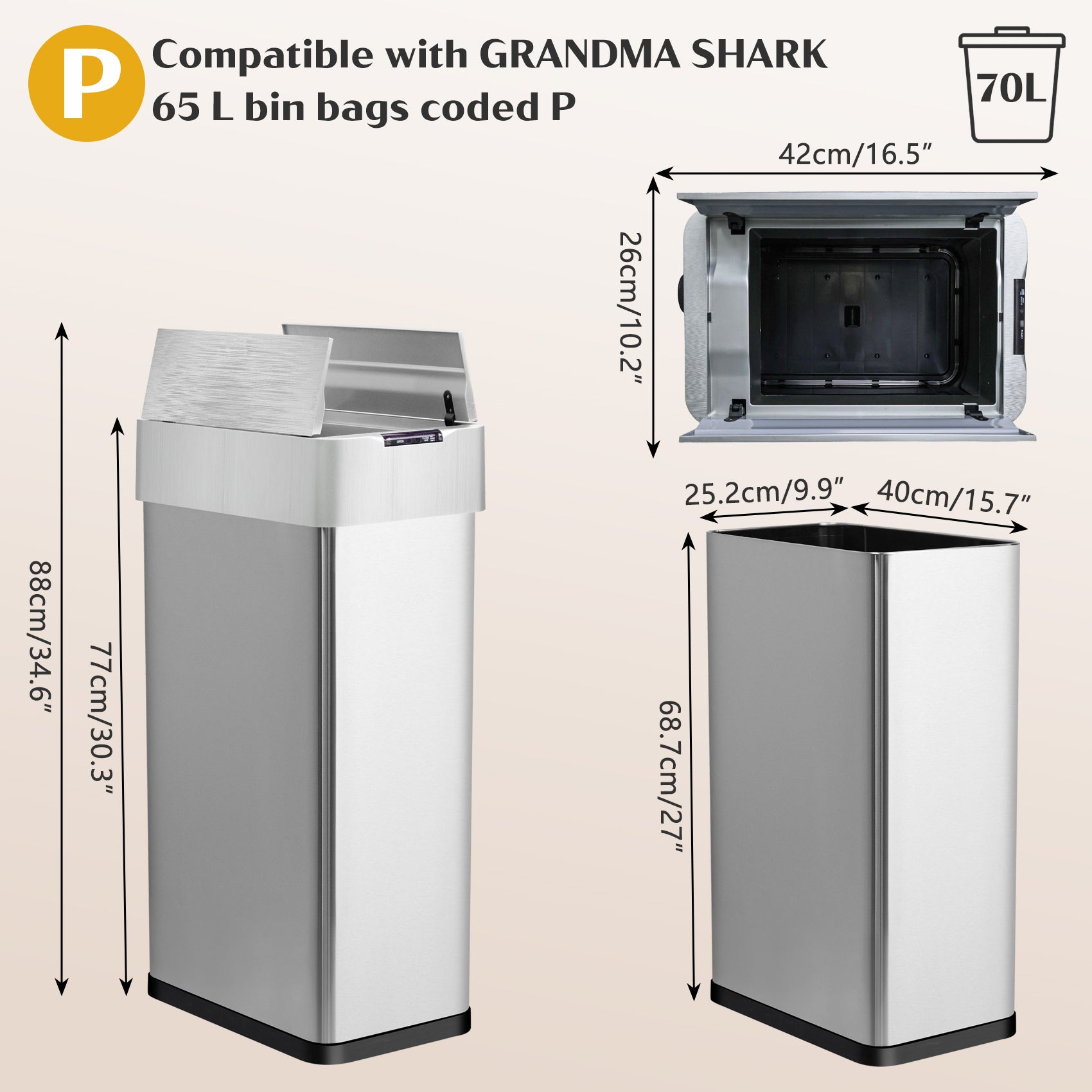 GRANDMA SHARK 70L Automatic Sensor Bin, Stainless Steel Touchless Rubbish Bin with Adjustable Infrared Sensor, Waterproof Kitchen Waste Bin with Soft Close Lid, Silver