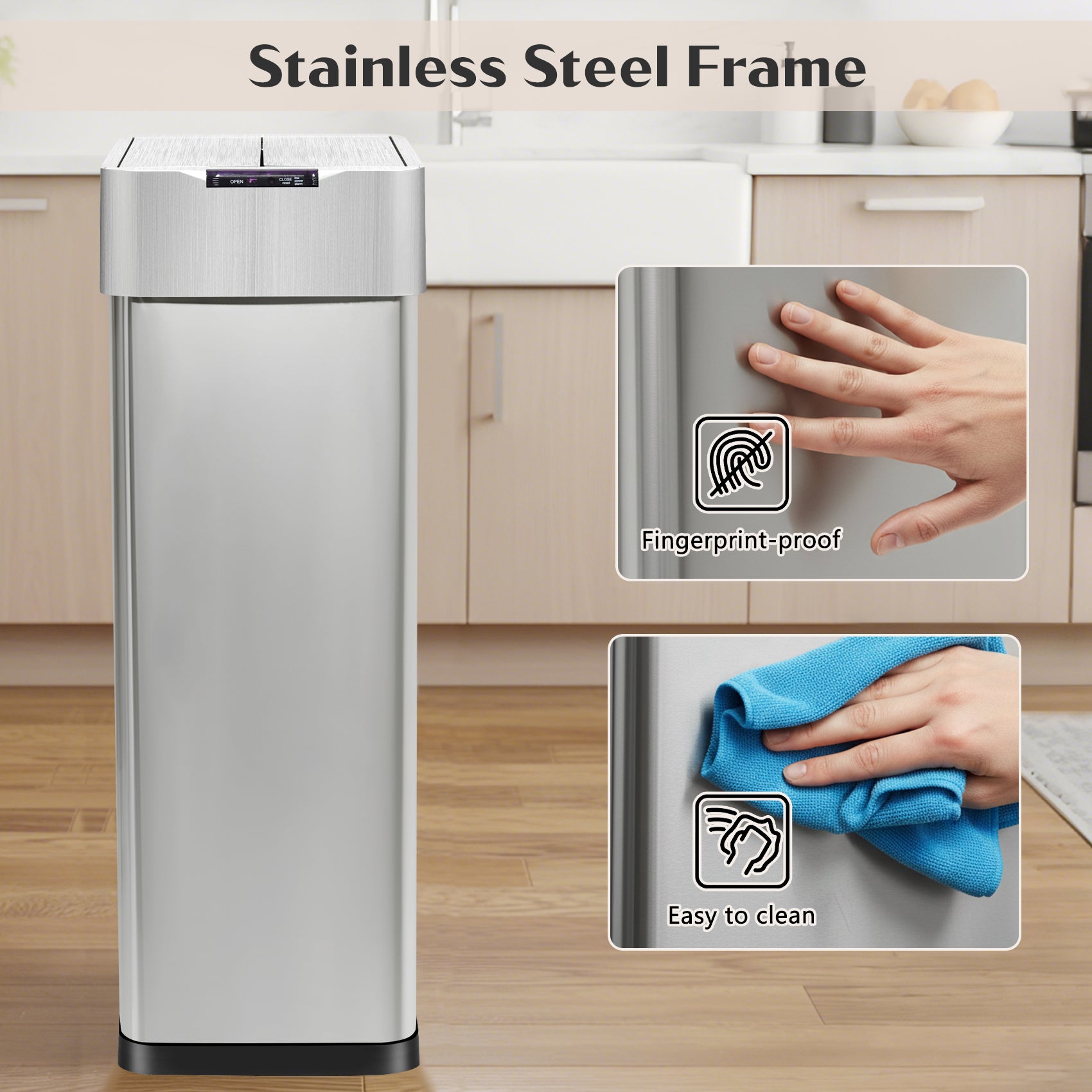 GRANDMA SHARK 70L Automatic Sensor Bin, Stainless Steel Touchless Rubbish Bin with Adjustable Infrared Sensor, Waterproof Kitchen Waste Bin with Soft Close Lid, Silver