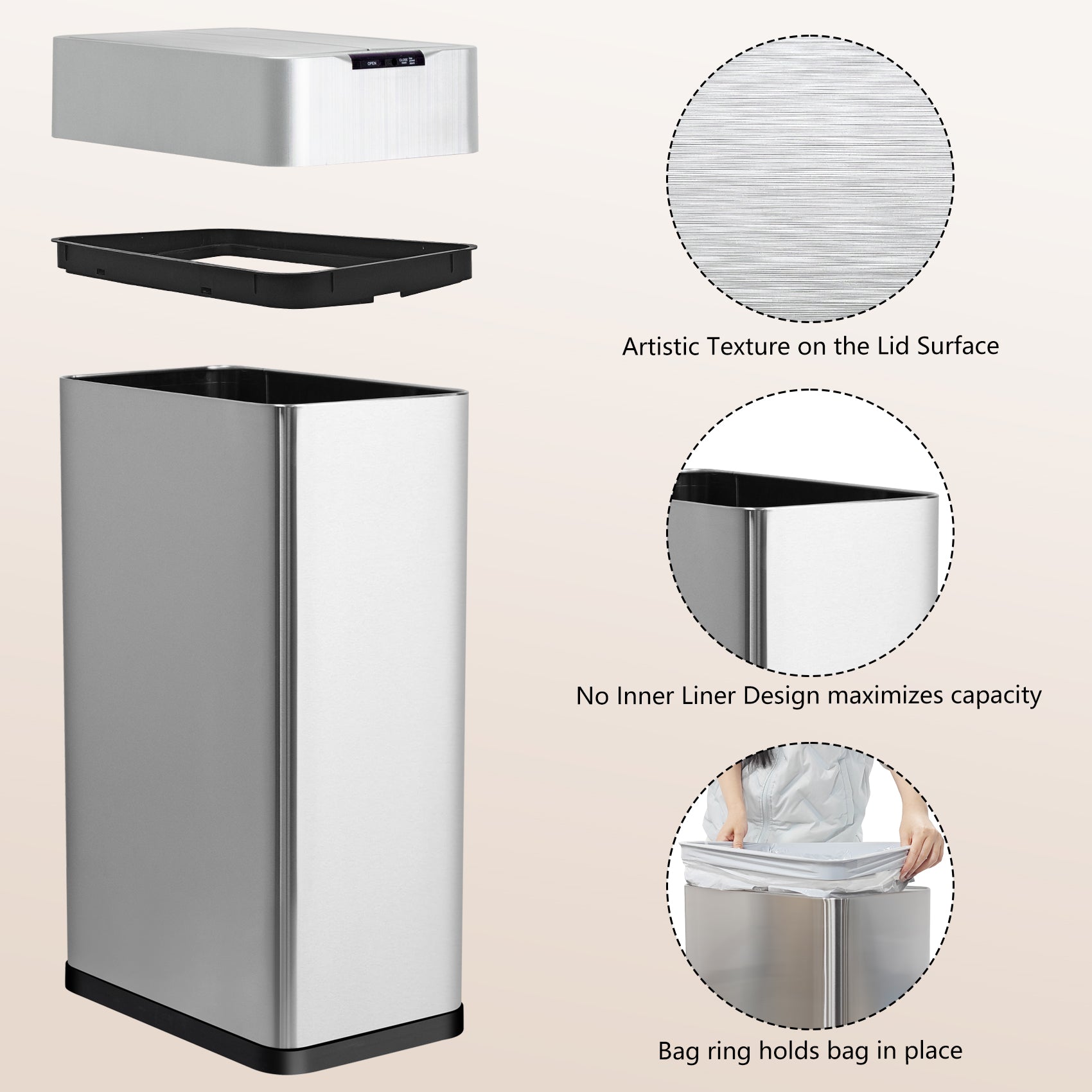 GRANDMA SHARK 70L Automatic Sensor Bin, Stainless Steel Touchless Rubbish Bin with Adjustable Infrared Sensor, Waterproof Kitchen Waste Bin with Soft Close Lid, Silver
